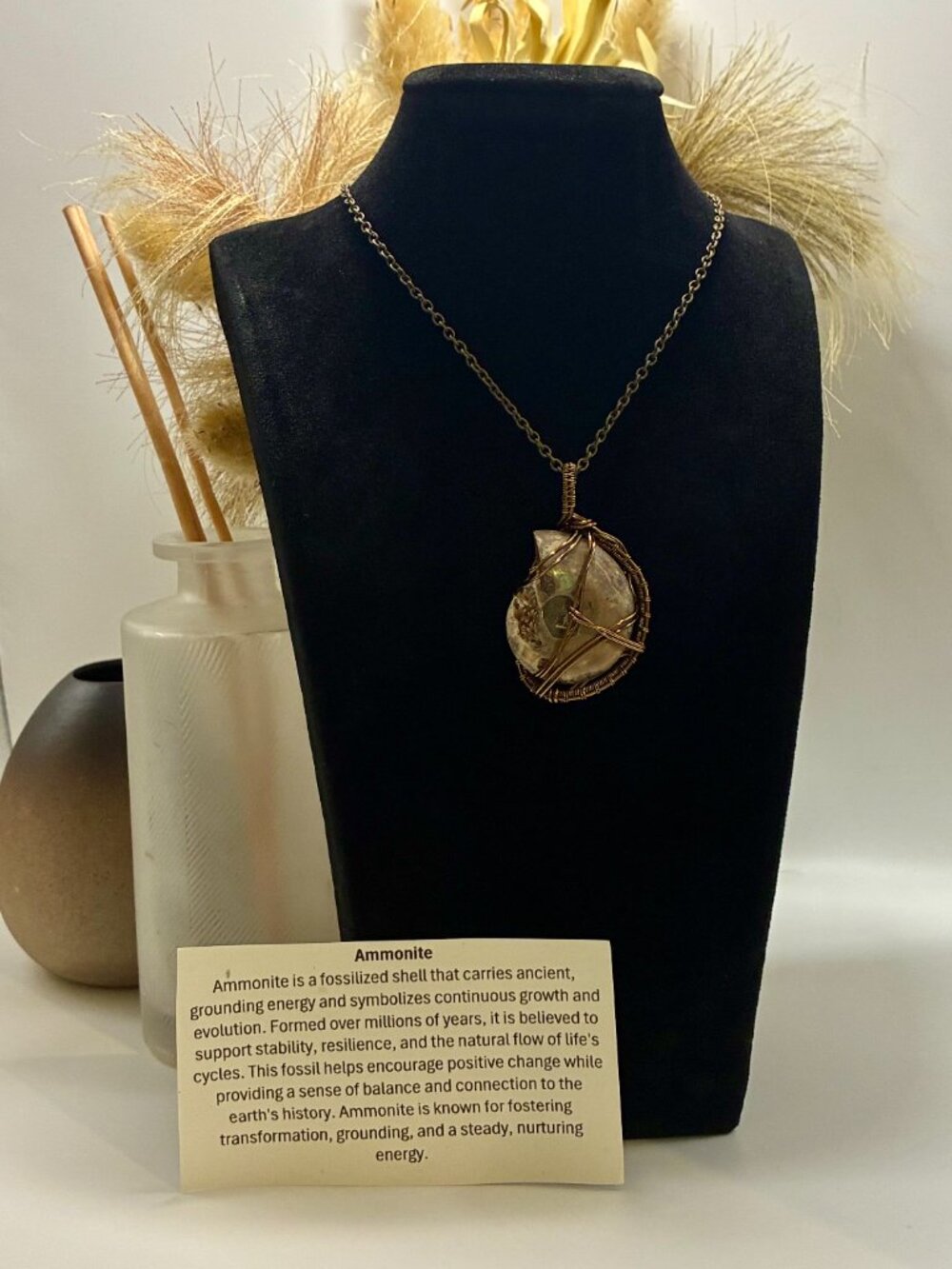 Handmade Ammonite Fossil Wire Wrapped Statement Pendant Necklace